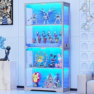 Display Cabinet with Glass Doors, 4-Tier Curio Cabinet with 3 Color Lights for Collectibles, Glass Display Case with Human Body Sensor, Bookcase with 4 Shelves, Storage Cabinets, Gray