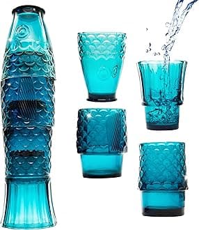 Gökotta Set of 4 | Handmade Stacking Koi Carp Fish Drinking Glasses | Natural Blue Glass Tumblers | Retro Fun Quirky Gift Present | Dinner Party Cocktail Water Juice Coffee Mugs Cups | 4PCS 250ml