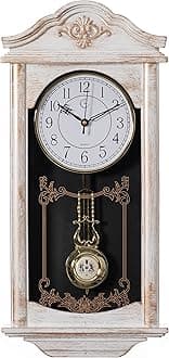 Quickway Imports Large Vintage Grandfather Wood- Looking Plastic Pendulum Wall Clock for Living Room, Kitchen, or Dining Room, Large White