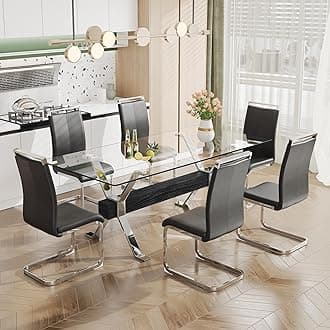 Pvillez Glass Dining Table Set for 6, 7 Piece Dining Room Table Set, 78" Modern Large Glass Kitchen&Dining Room Table with Silver Metal Legs and Black MDF Crossbars & 6 Black PU Leather Dining Chairs