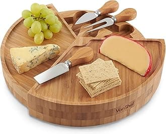 VonShef Bamboo Cheese Board, Circular Serving Tray with Stainless Steel Knife Set, Easy Clean Charcuterie Serving Board with Swivelling Knife Drawer & Gift Box