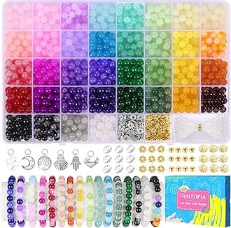 Funtopia 36 Colors Glass Beads for Bracelet Making, 8mm 1060 Pcs Crystal Gemstone Beads Imitative Jade Bead for Jewellery Making Coloured Big Hole Bead for Bracelet Necklace Phone Chain DIY Crafts
