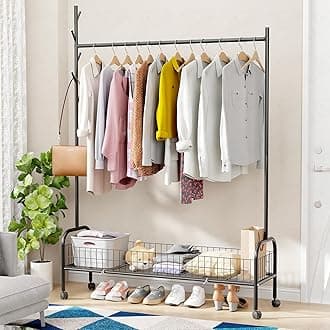 Lukzer | MGR-003 | Black | Metal Garment Rack with Wheels, Single Rod & Mesh Base – Heavy-Duty Freestanding Clothes Stand with Bottom Shelf for Bedroom, Entryway, Laundry & More | 173 x 110 x 35 cm