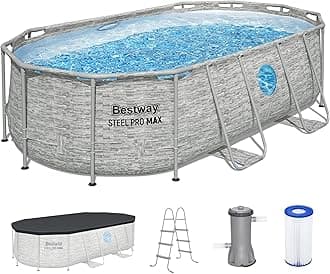 Power Steel Swim Vista 14’ x 8'2" x 39.5” Above Ground Pool, Oval Metal Frame Outdoor Swimming Pool Set with Filter Pump, Ladder, and Cover
