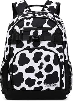 Cute Cow Print Backpack for School Bookbag Kids Kindergarten Elementary Backpacks for Girls ages 6-8-10 (Black Cow Print)