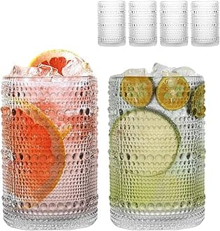 Set of 4 Hobnail Drinking Glasses, 15 oz, Vintage Jupiter Drinking Glasses,Embossed Old Fsahioned Glassware for Beer,Water,Juice,Cocktail,Whiskey,Gift (Clear, Large)
