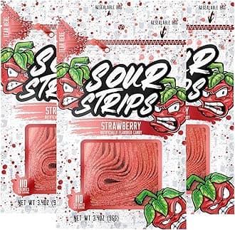 Sour Candy Belts, Strawberry, Resealable Candy Bags, 3.4 Ounce (Pack of 3)