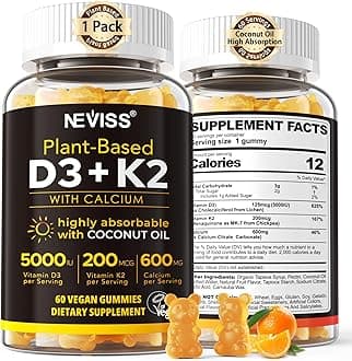 Vitamin D3 5000iu & K2( as MK7 ) 200mcg Gummies + 600mg Calcium, with Coconut Oil for High Absorption, Maximum Strength Vitamin D3 K2 Supplement - Support for Bones Muscle Teeth Immune, Vegan 60 Count