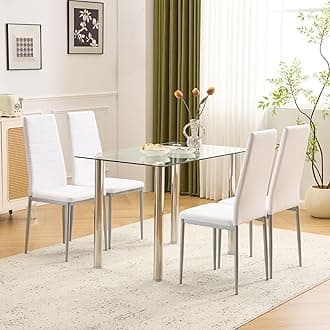 Karl home 5-Piece Dining Table Set with 1 Glass Dining Table and 4 Leather Chairs, Modern Silver Dining Table Set for Kitchen & Breakfast Dining Living Room, Space Saving