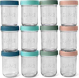 MASON BOTTLE - Glass Mason Jars for Breast Milk Storage - Wide easy to clean design, dishwasher and Freezer safe (8 oz Jars (Set of 12))