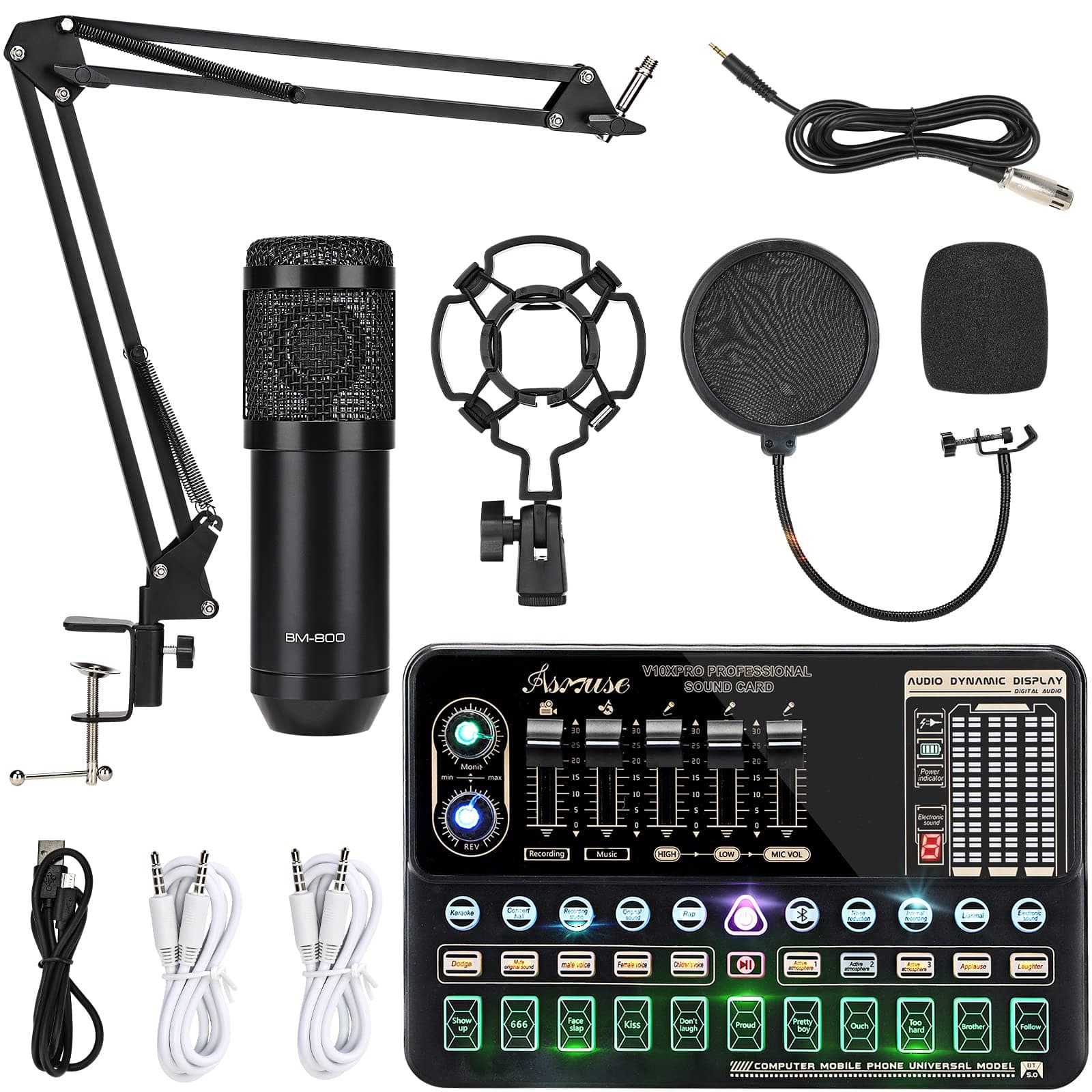 Asmuse Podcast Equipment Bundle, BM800 Condenser Podcast Microphone Bundle Kit with Live Sound Card, Streaming Audio Mixer Studio All-in-one Beginner Podcast Package for Recording YouTube TikTok