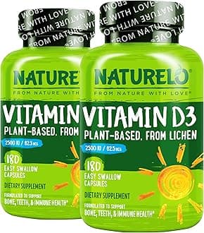 NATURELO Vitamin D - 2500 IU - Plant Based from Lichen - Natural D3 Supplement for Immune System, Bone Support, Joint Health - Vegan - Non-GMO - Gluten Free - 180 Capsules (Pack of 2)
