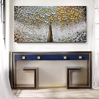 ART8YUQI Art Oil Painting On Canvas Texture 3D Silver - Golden Flower painting Contemporary Abstract Art Handmade Artwork Picture Canvas Wall Art Modern Home Decor living room Ready to Hang 24x48 inch