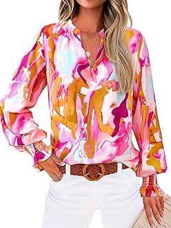 Womens V Neck Floral Long Sleeve Tops 2026 Summer Casual Loose Puff Sleeve Chiffon Boho Work Blouse Dressy T Shirts