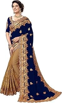 Trendmalls Women's Silk Satin Embroidery Saree with Unstitched Blouse