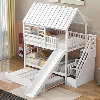 Harper & Bright Designs Stairway Bunk Beds Twin Over Twin with Slide for Kids, Twin Size Bunk Bed with Trundle and Storage Stairs for Kids Teens Bedroom, No Box Spring Required, Space Saving, White