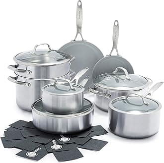 GreenPan Venice Pro Tri-Ply Stainless Steel Healthy Ceramic Nonstick 13 Piece Cookware Pots and Pans Set, PFAS-Free, Multi Clad, Induction, Dishwasher Safe, Oven Safe, Silver