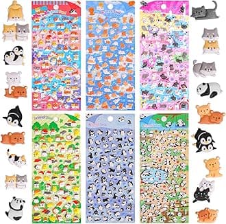 Cute Mini Puffy Animal Stickers for Girls Adults-Kawaii Tiny 3D Penguin Cat Puppy Panda Bear Sticker for Kids,Small Raised Puff Stickers for Notebook Phone Digital Camera Deco,6 Sheets