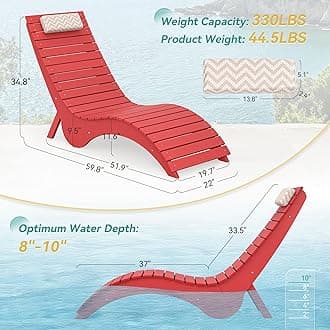 Homenjoy Pool Lounge Chairs Set of 4 - Anti-Floating HDPS Design for Pools & Backyard Sun Decks, Weighted Pool Chairs and Lounges for Poolside or Outside, Includes Headrest, Bright Red