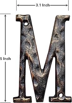 5.5 Inch House Numbers & Letters, Highly Visible Cast Iron Metal Home Address Number for Street Office Mailbox, Antique Brass (Letter M)