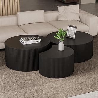 JUSTONE Set of 3 Black Round Coffee Table Set Side Table End Table for Living Room, Drum Round 3 Peice Nesting Coffee Modern Coffee Table for Apartment Office,No Assembly (3PCS,Black)