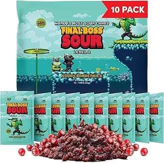 Final Boss Sour Candy, Sour Cranberries, 10 Pack, Level 2, Fruit Chews with Real Dried Fruit, No Artificial Colors or Flavors, Low Calorie Snack for Kids, Teens, Adults, Lunch Boxes