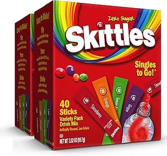 Skittles Zero Sugar Low Calorie Singles To Go Bulk Variety Pack Drink Mix - 2 Boxes of 40 Sticks Each - 80 Total Sticks - 4 Fruity Flavors: Strawberry, Orange, Green Apple and Grape - PACK OF 2