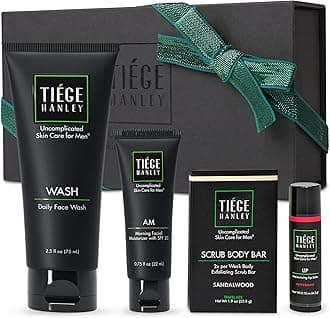 Tiege HanleyMens Skin Care Gift Box Set, Bronze - Men's Skincare Set Includes Face Wash, Facial Moisturizer with SPF 20 Sunscreen, Body Exfoliating Scrub Bar, & Moisturizing Lip Balm