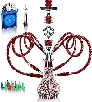 Hookah Complete Set with 4 Hose, 22'' Large Shisha Kit for Up to 4 Persons with Everything Included, Ceramic Bowl | Premium Hose | Beautiful Glass Vase (Red OS1)