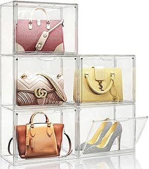 Clear Purse Storage Organizer for Closet, 5 Pack Handbag Storage Organizer, Acrylic Display Case for Purse/Handbag, Stackable Bag Organizer with Magnetic Door for Wallet, Clutch, Hats