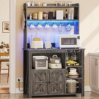 Itaar Coffee Bar Cabinet, Bakers Rack with Power Outlet and Storage, Farmhouse Microwave Stand Kitchen Cabinet with Hutch, LED Lights, Wine Glass Holder and 8 Hooks (Grey)