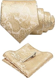 Mens Solid Color Paisley Necktie and Pocket Square with Tie Clip Sets