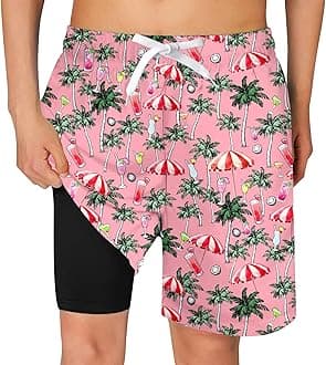 TUONROAD Kids Boy's Swim Trunks Kids Green Palm Tree Printed Running Cycling Pink Swim Board Shorts Boy Hawaii Bathing Suits with Inner Pockets Size 7 Compression Liner Swimsuit