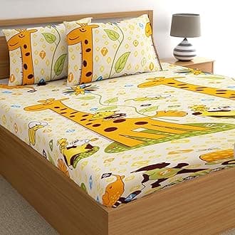 Filymore Kids Giraffe Bedsheet Made with Microfiber 240 TC Wrinkle Free Soft Hypoallergenic | Cartoon Printed Double Bed Sheet Size for Kids Room (90x90 Inches/Boys Girls Room)(Cream)