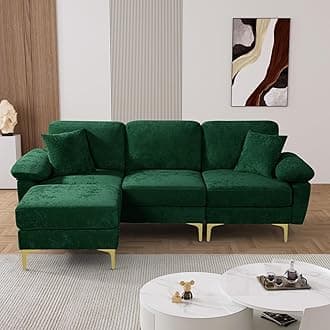 OUYESSIR L Shaped Sectional Sofa Couch, 3 Seat Velvet Sofa with Ottoman and Pillows, Upholstered Comfy Couch Sleeper for Living Room, Bedroom, 91 inches (Green)