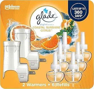 - Glade PlugIns Refills Air Freshener Starter Kit, Scented and Essential Oils for Home and Bathroom, Coastal Sunshine Citrus, 4.02 Fl Oz, 2 Warmers + 6 Refills
