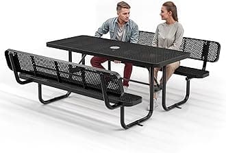 Commercial Heavy-Duty Metal Picnic Table with Backrest - ADA Compliant, Adjustable Seats, Umbrella Hole, Expanded Metal (Black, 6' Rectangular with Back)