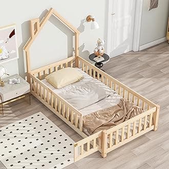 Twin House Floor Bed with Full-Length Guardrails, Wooden Montessori Bed Frame with House-Shaped Headboard and Gate Door for Girls Boys, Natural