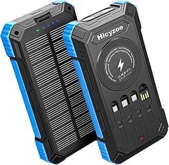 Solar Charger Power Bank, 49800mAh Wireless Portable Phone Charger, 15W QC3.0 Fast Charging External Battery Pack with 4 Built-in Cables, USB-C in/Output, with Dual Flashlights for Outdoor (Blue)