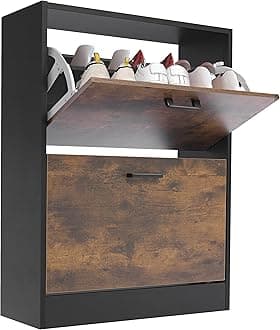 Blisswood 2 Drawer Shoe Cabinet, Pull Down Wooden Shoe Storage Organiser Cupboard Unit Hallway Furniture, Space Saving 2 tier Modern Shoe Rack Cabinet Footwear Stand for Shoes (Black & Rustic)