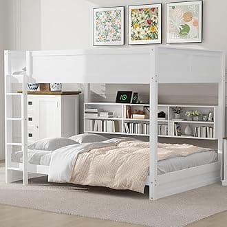 Queen Over Queen Bunk Bed for Kids/Adults,Queen Size Bunk Beds with Charging Station and Bookcase,Solid Wood Bunk Beds Queen Over Queen for Girls,Boys,White