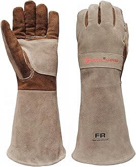 Leather Welding BBQ Fire Gloves, Fireproof Heat-Resistant Long Sleeve Mitts for TIG/MIG, Log Wood Burners, Firefighting, Barbecue, Fireplace, Oven, Stove, Grill, Animal Handling (Large)