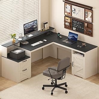 YOMILUVE 63" Farmhouse L Shaped Executive Desk with Drawers & Storage Shelf, Corner Computer Desk with Power Outlets, L Shaped Office Desk with Monitor Stand, Printer Shelf, Black and White