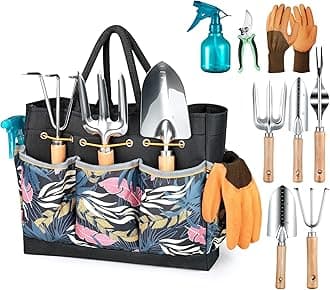 Gardening Tools 9-Piece Heavy Duty Garden Hand Tools with Fashion and Durable Garden Tools Organizer Handbag, Rust-Proof Garden Tool Set, Ideal Gardening Gifts for Women