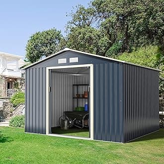 Goplus Outdoor Storage Shed, 9' X 8' Metal Garden Shed with 4 Vents & Double Sliding Door, Utility Tool Shed Storage House for Backyard, Patio, Lawn