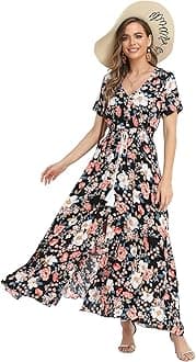 Women's Floral Maxi Dresses Casual Long Summer Boho Beach Dress Short Sleeve Button Up Split Party Dress