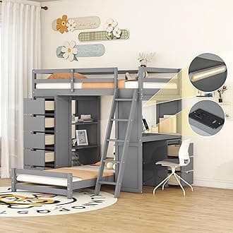 Versatility Solid Wood Loft Bed & Stand-Alone Platform Bed with 2 Storage Drawer Sets, Shelves and Study Desk, Twin over Twin Bunk Bed with LED Light and USB Poarts for Kids Teens Aldults (Grey-V)