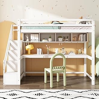LTGB Bunk Bed for Kids, Wood House Bunk Bed 90 * 190 cm, Children's Loft Bed with Storage Stairs, Pine Wood, Children's Bed with Large Desk and Shelves, With Slatted Frame, White