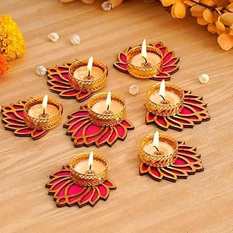 TIED RIBBONS Decorative Lotus Tealight Candle Holder Stand Set of 7 - Decoration Items for Home Decor Diyas Indoor Outdoor Office Gifting, Gold