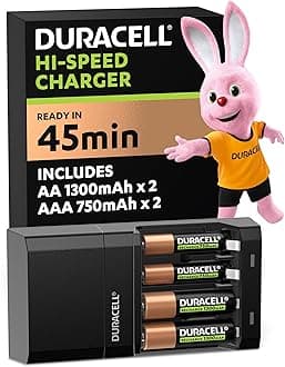 DURACELL Hi-Speed Battery Charger, 45 minutes, Compatible with AA and AAA NiMh Batteries, 2x AA 1300mAh and 2x AAA 750 mAh, Rechargeable Batteries Included
